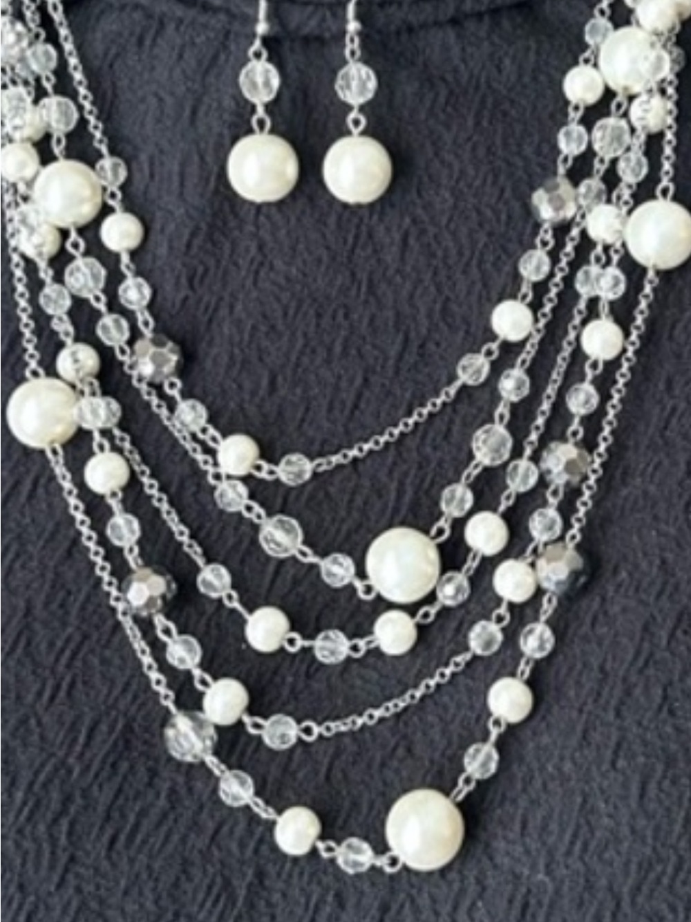 Multi-Strand Pearl and Crystal Necklace Set - White